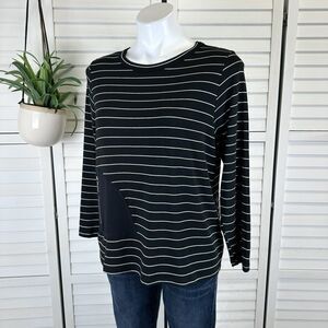 Comfy USA S Black White Stripe Knit Blouse Top‎ Applique Long Sleeve Tee Shirt